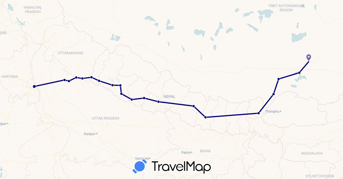 TravelMap itinerary: driving in China, India, Nepal (Asia)